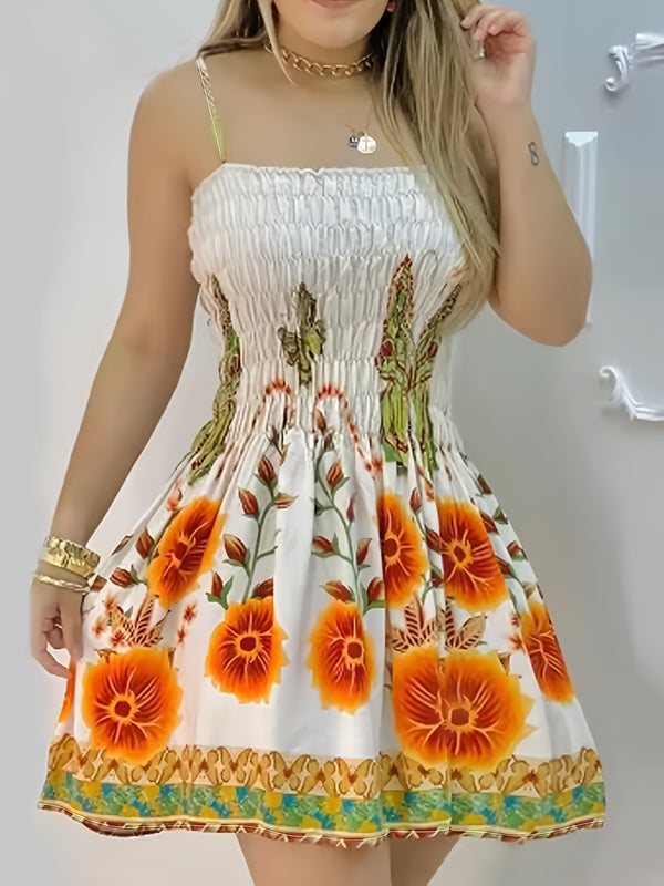Bohemian Smocked Floral Strap Mini Dress