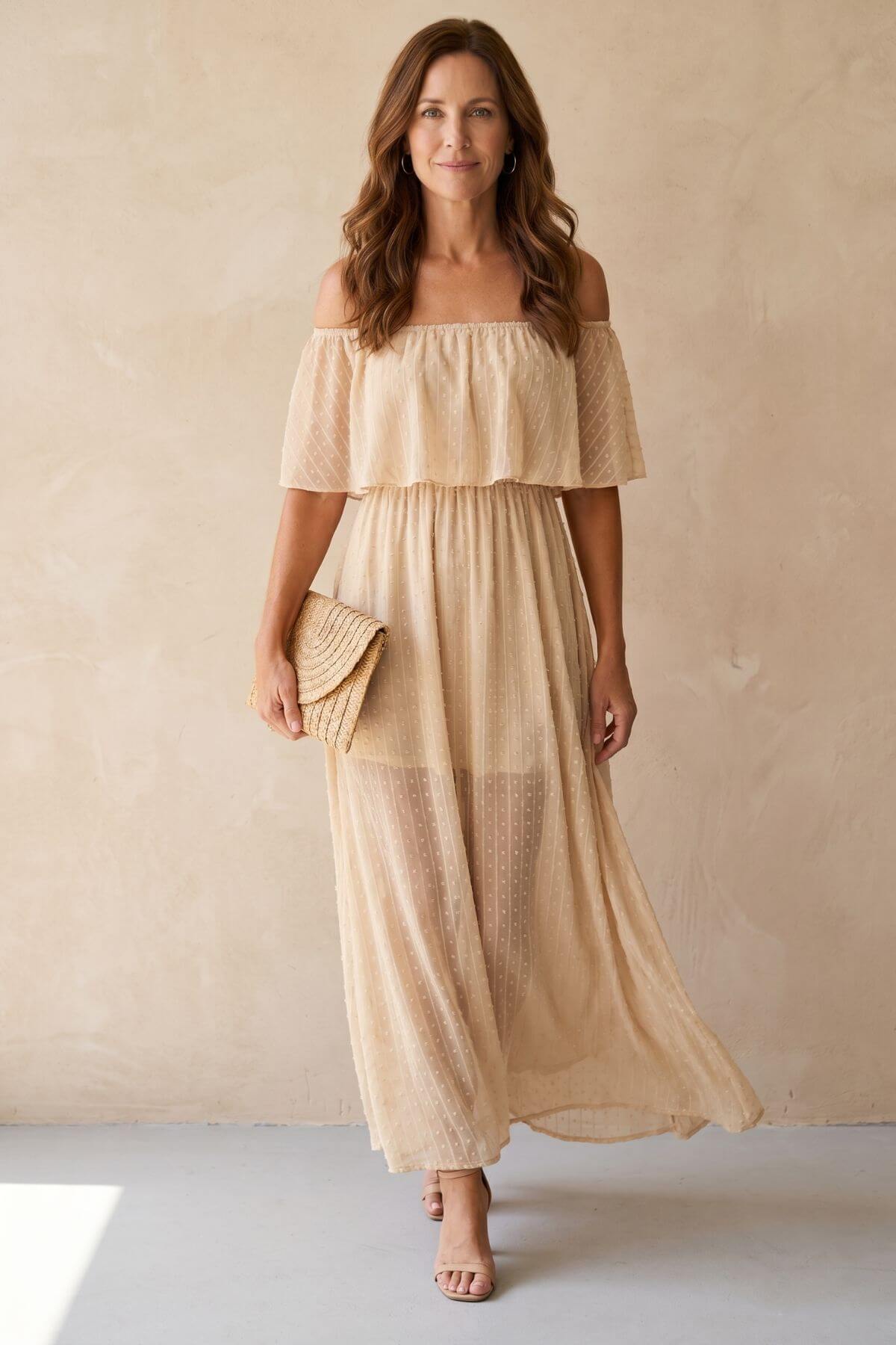 Beige Off-the-Shoulder Swiss Dot Maxi Summer Dress – Vetucci