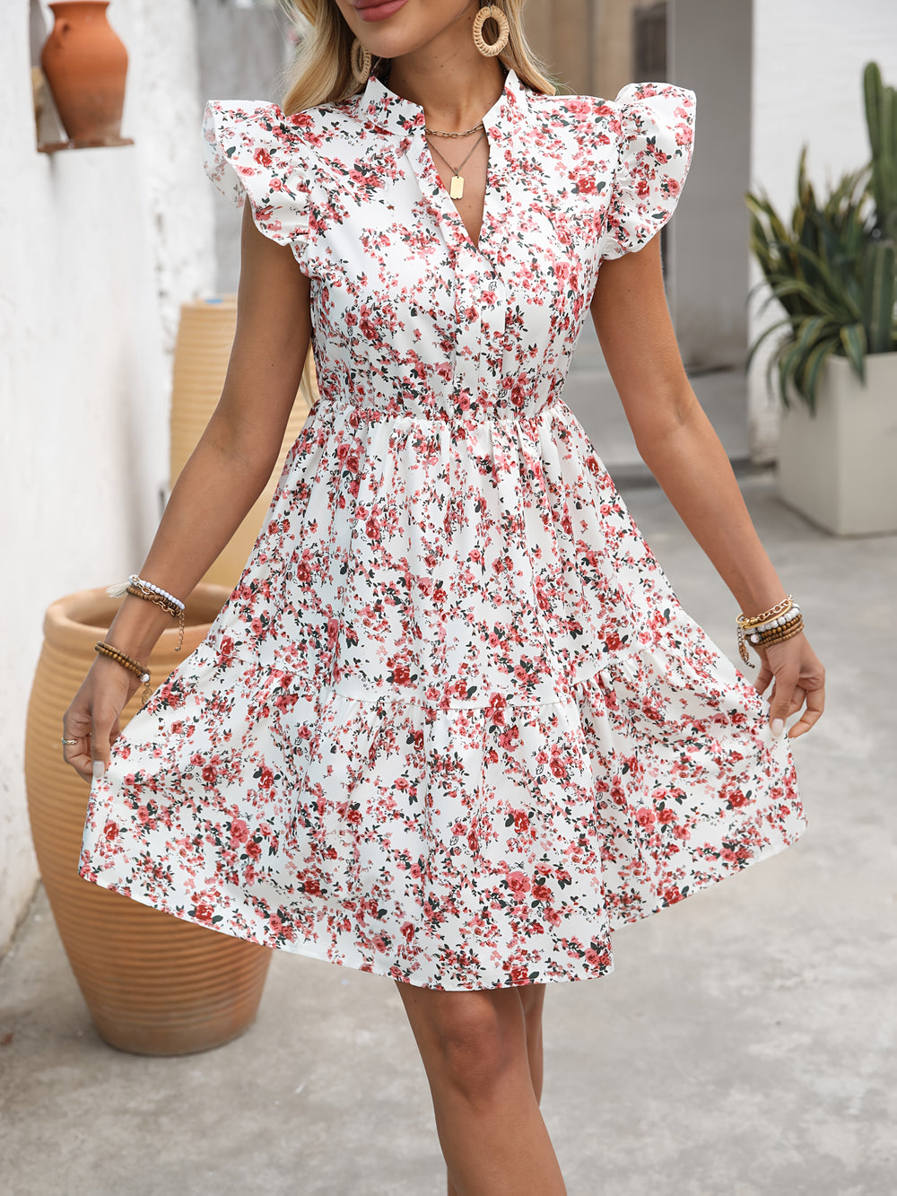 Sweet Floral Ruffle Sleeve Mini Dress