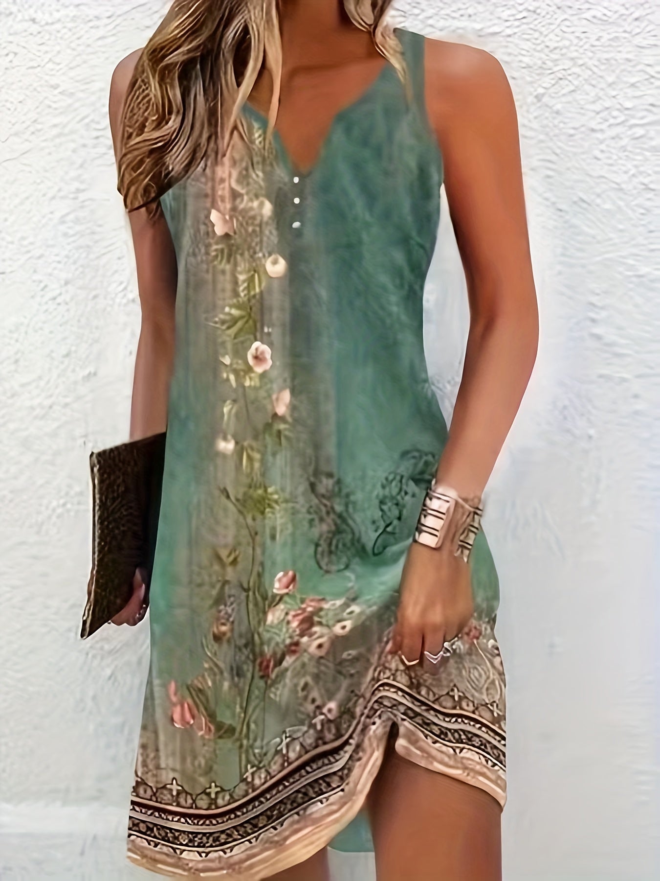 Vintage Floral V-Neck Button Shift Dress