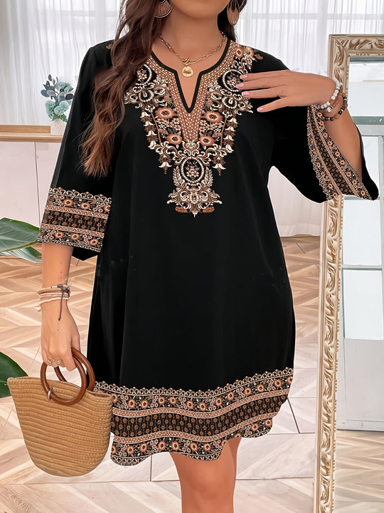 Bohemian Earthy Motif Relaxed Fit Summer Dress - Plus Size