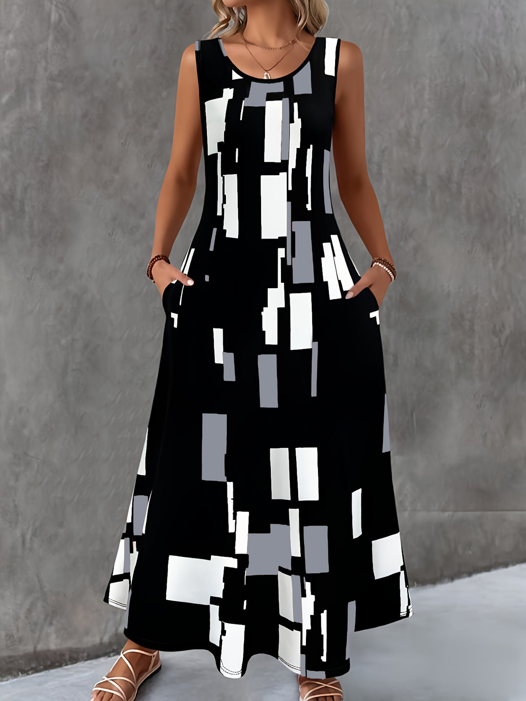 Abstract Geometric Sleeveless Maxi Boho Dress
