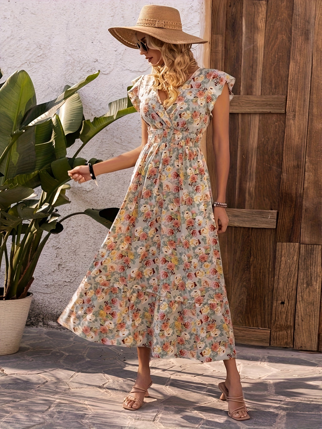 Floral Surplice V-Neck Smocked Maxi Dress