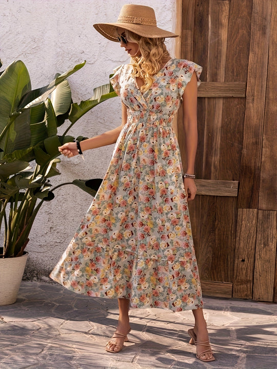 Floral Surplice V-Neck Smocked Maxi Dress