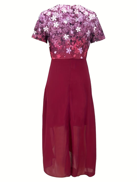 Elegant V-Neck Floral Bodice Maxi Dress