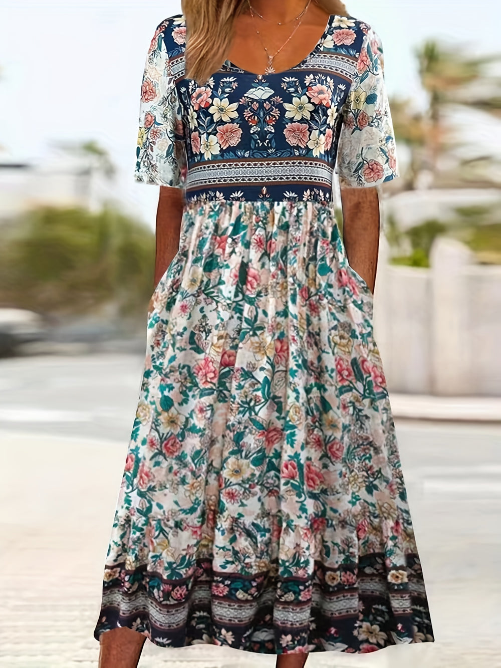 Vintage Floral Pattern Relaxed Fit Midi Dress