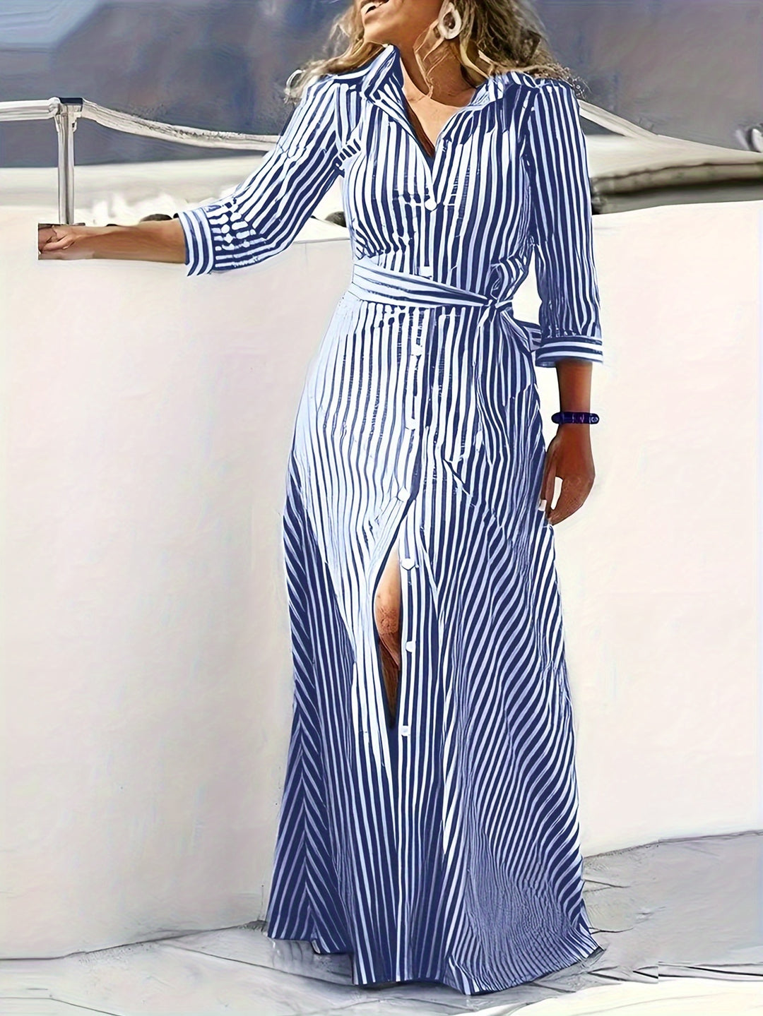 Striped Button Down Tie Waist Boho Maxi Dress