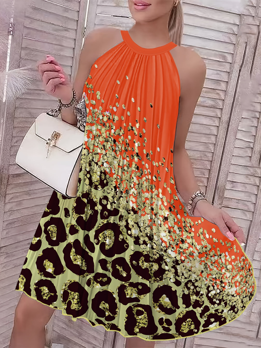 Flowy Halter Neck Speckled Floral Print Vacation Dress
