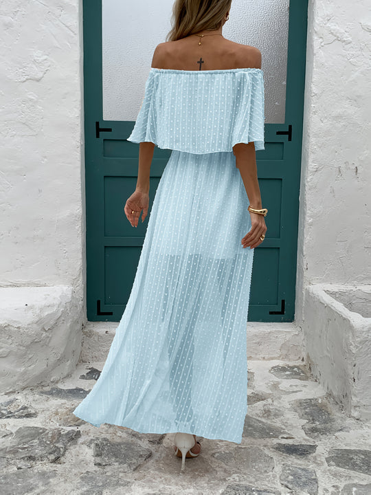 Beige Off-the-Shoulder Swiss Dot Maxi Summer Dress