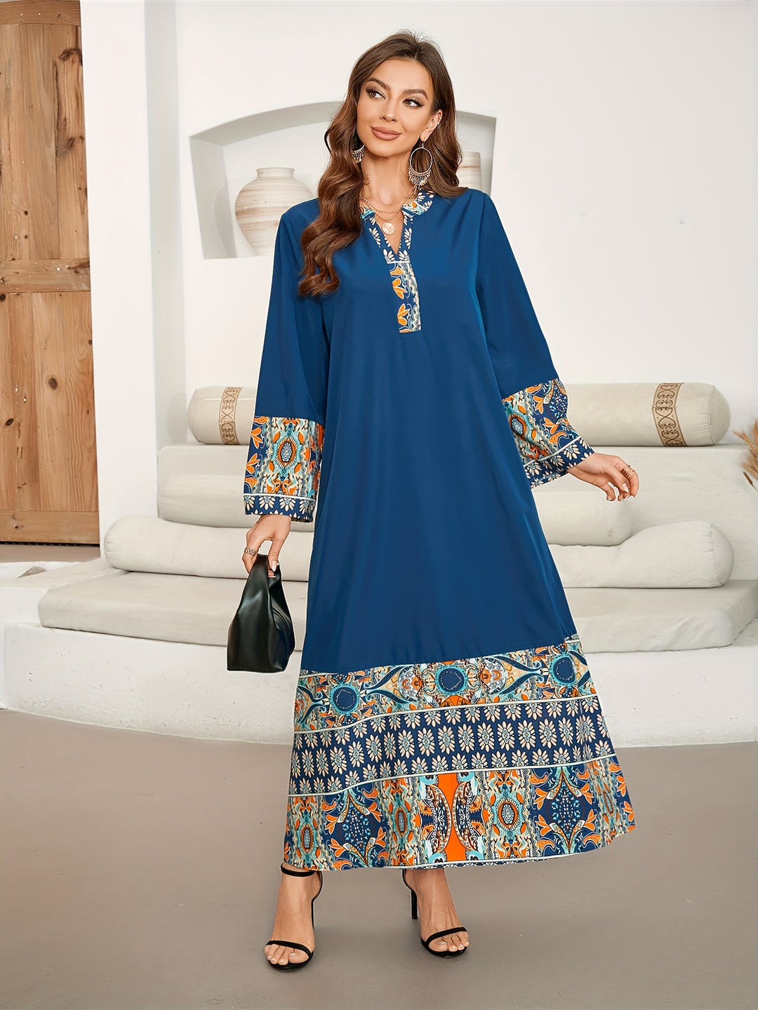Bohemian Placket Neck Relaxed Long Dress