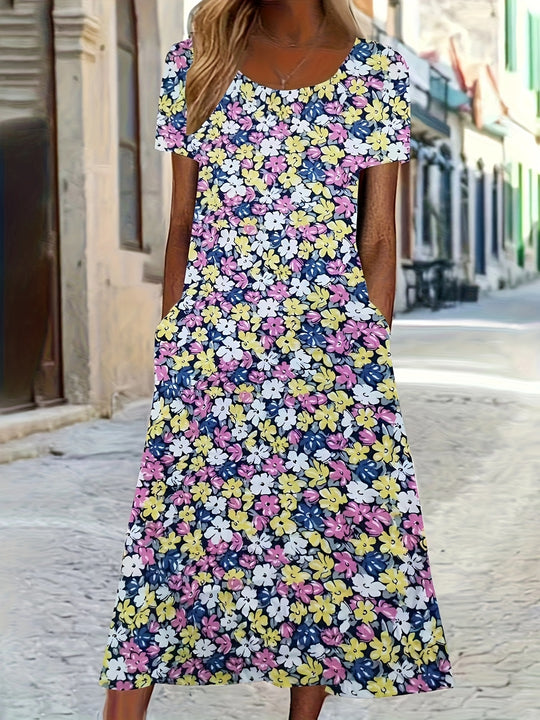 Casual Scoop Neck Floral Midi Dress