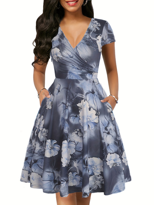 Floral Surplice V-Neck Summer Pocket Dress