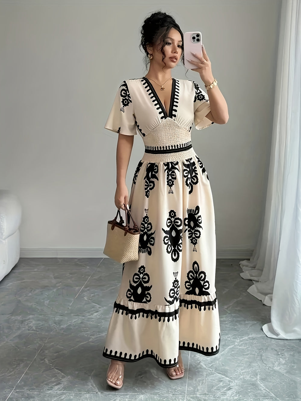 Plunging V-Neck Shirred Waist Tiered Summer Dress