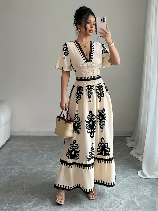 Plunging V-Neck Shirred Waist Tiered Summer Dress