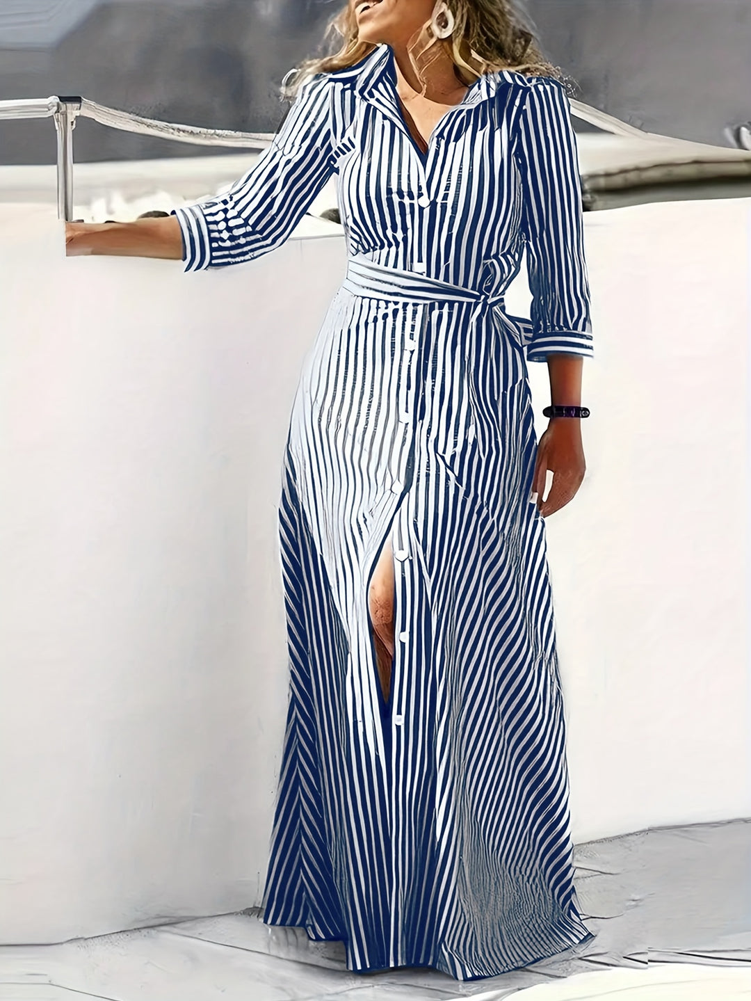 Striped Button Down Tie Waist Boho Maxi Dress