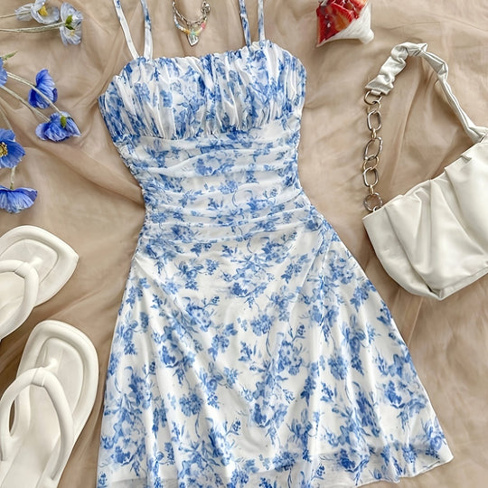Romantic Floral Ruched Double Strap Mini Dress