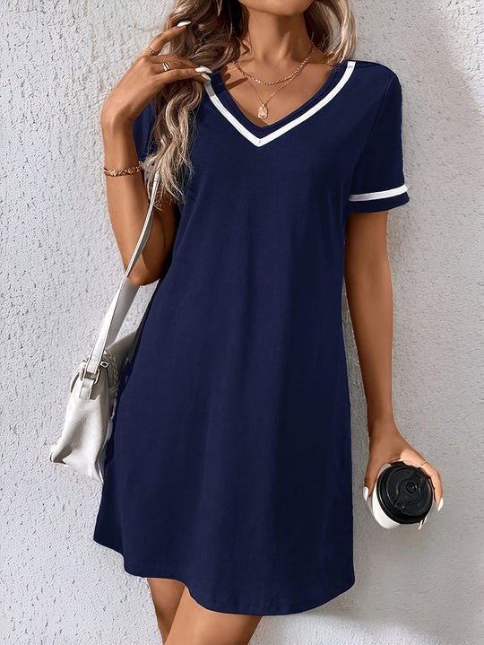 V-Neck Contrast Trim T-Shirt Dress