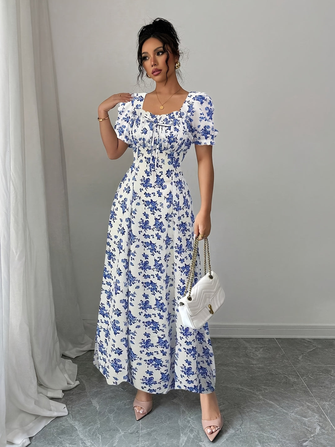 Square Neck Puff Sleeve Floral Maxi Dress