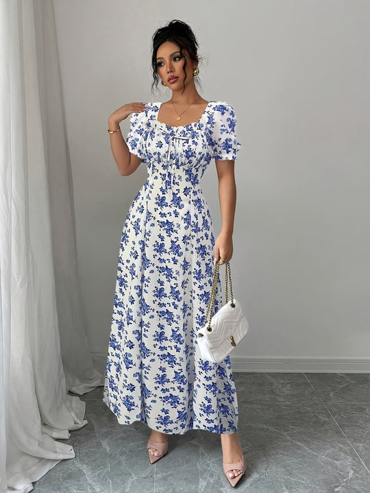Square Neck Puff Sleeve Floral Maxi Dress