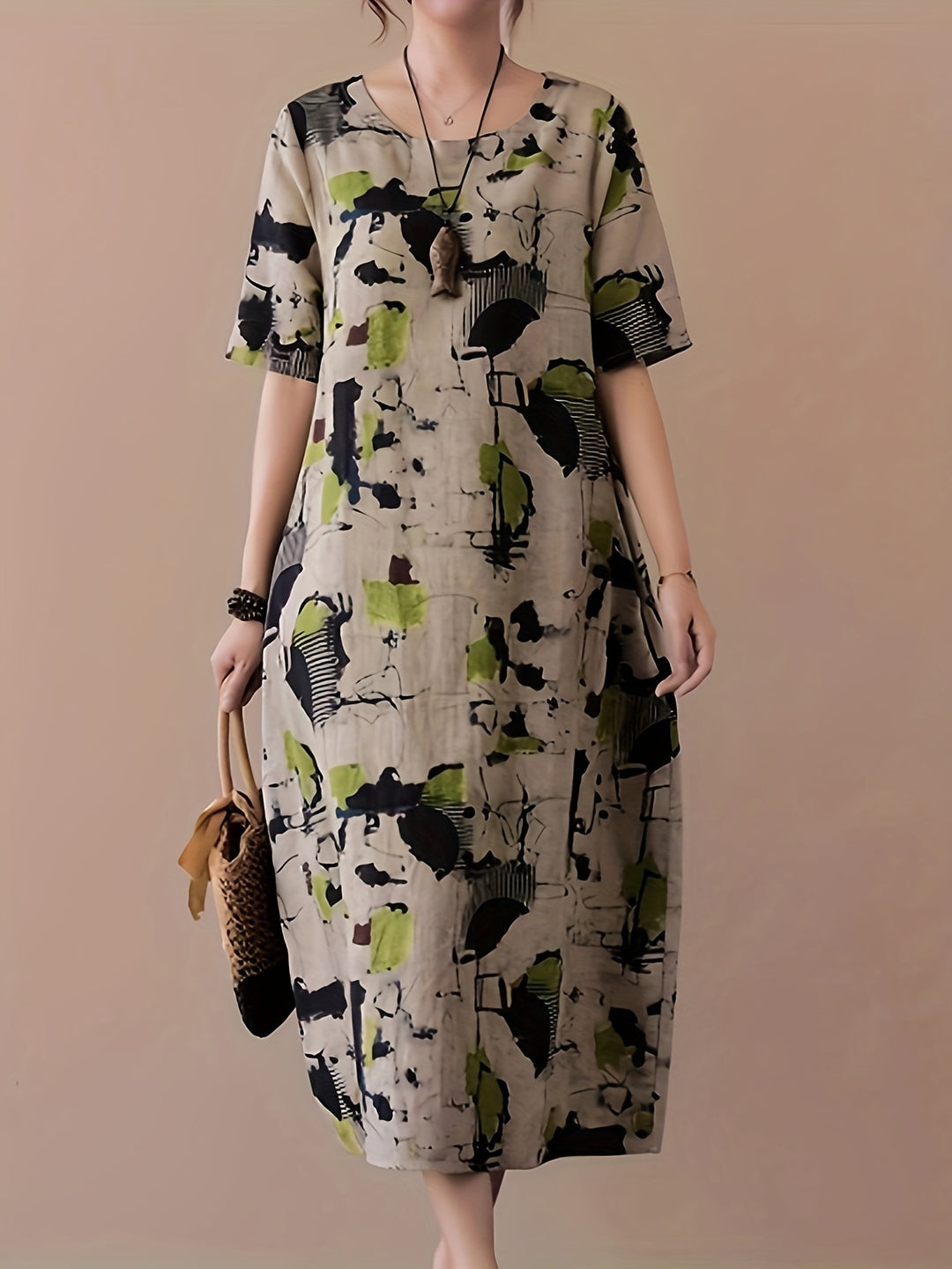 Printed Scoop Neck Loose Fit Casual Summer Dress