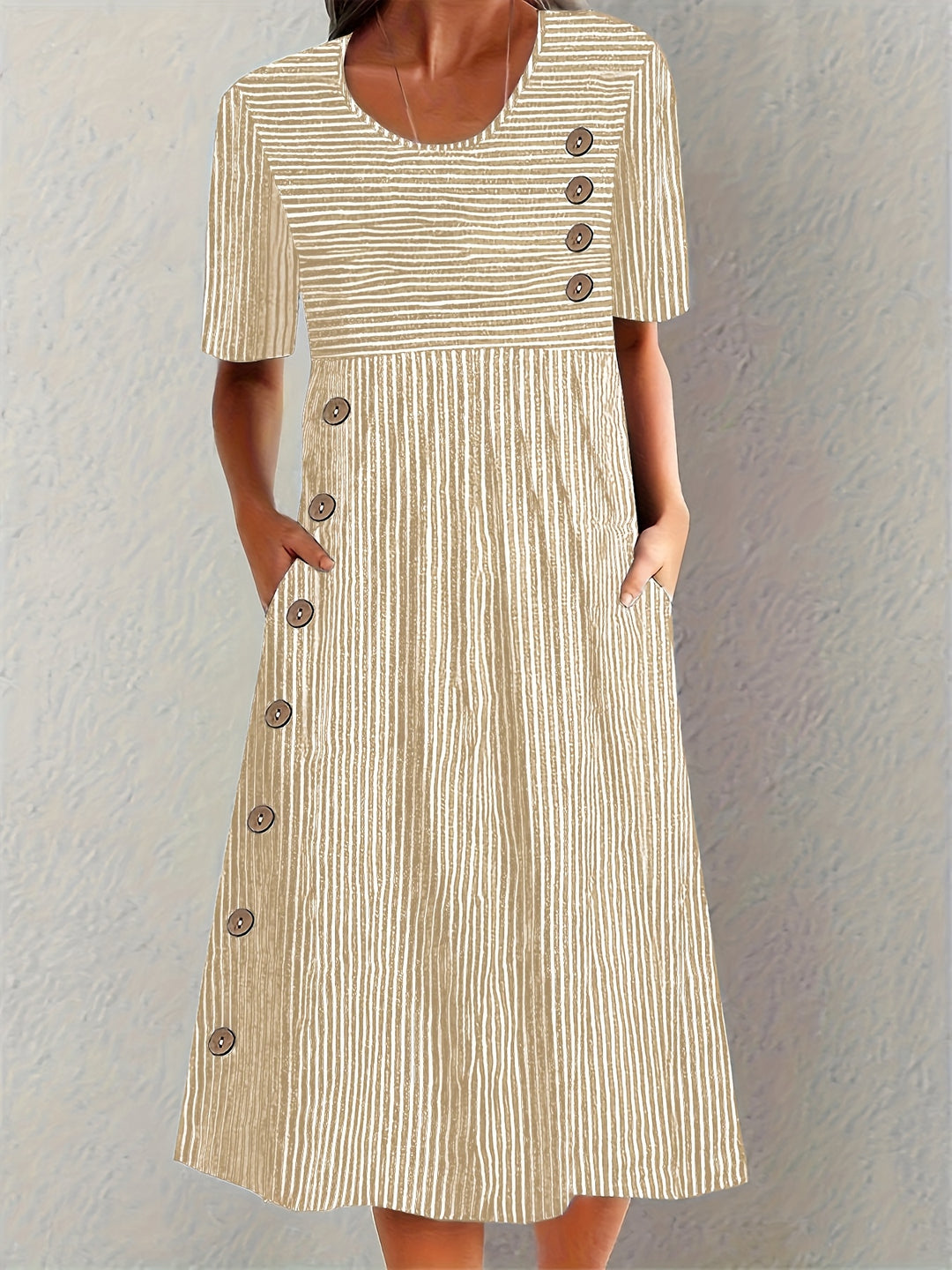 Striped Button Detail Pocket Midi Dress