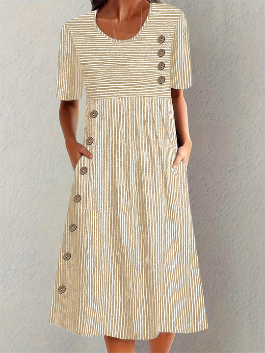 Striped Button Detail Pocket Midi Dress