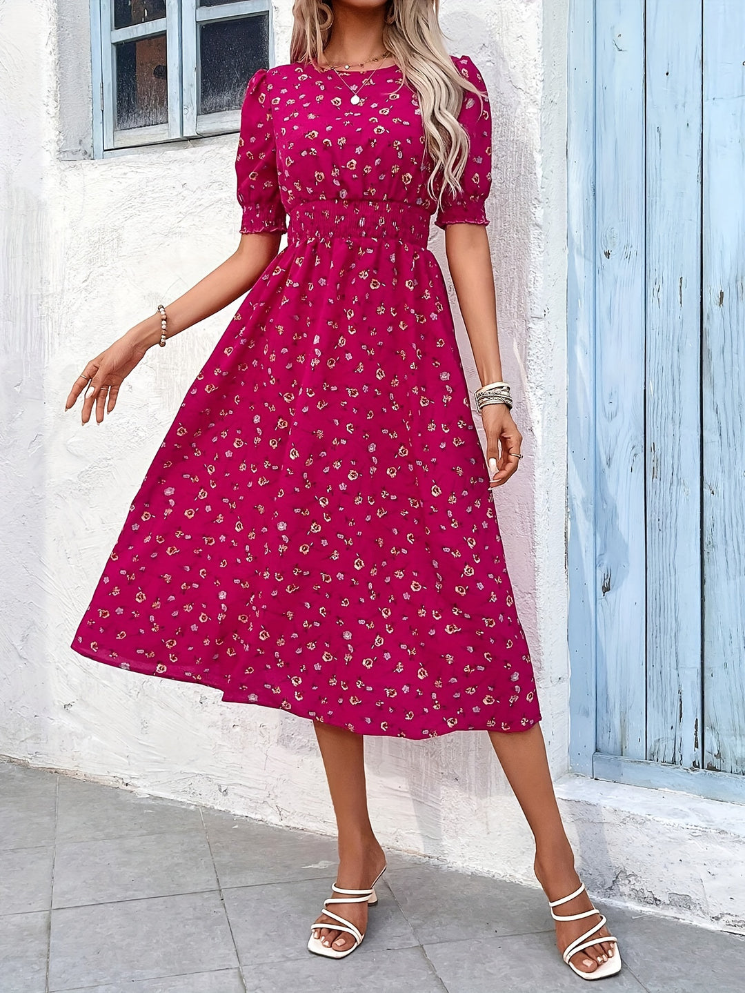 Casual Smocked Ditsy Floral Midi Dress