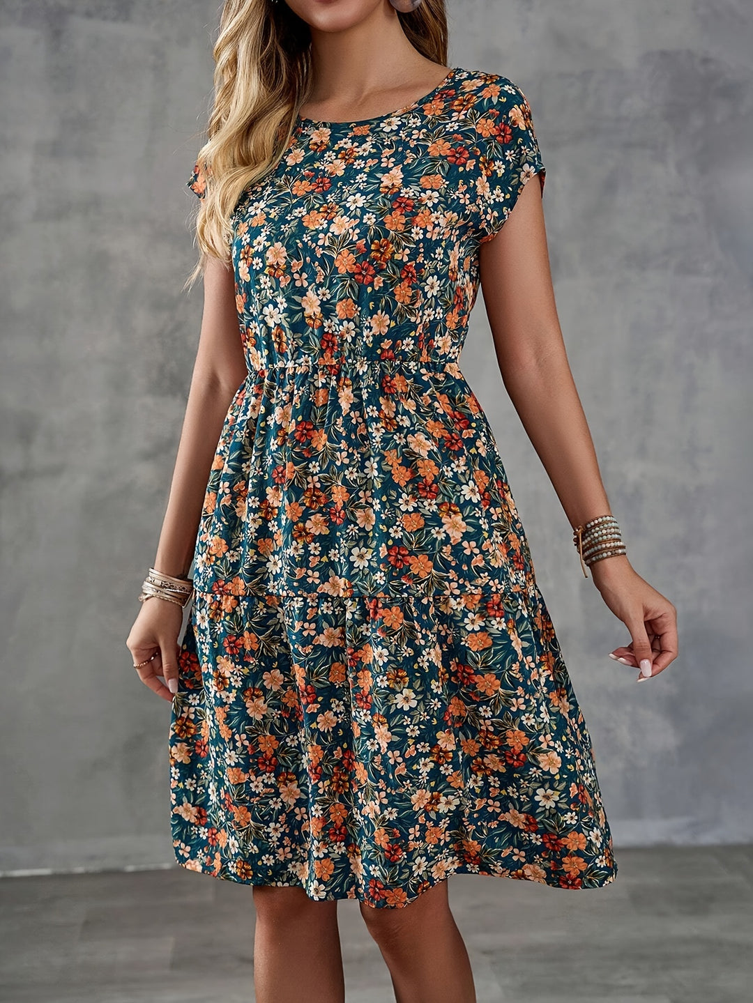 Bohemian Tiered Floral Short Sleeve Dress