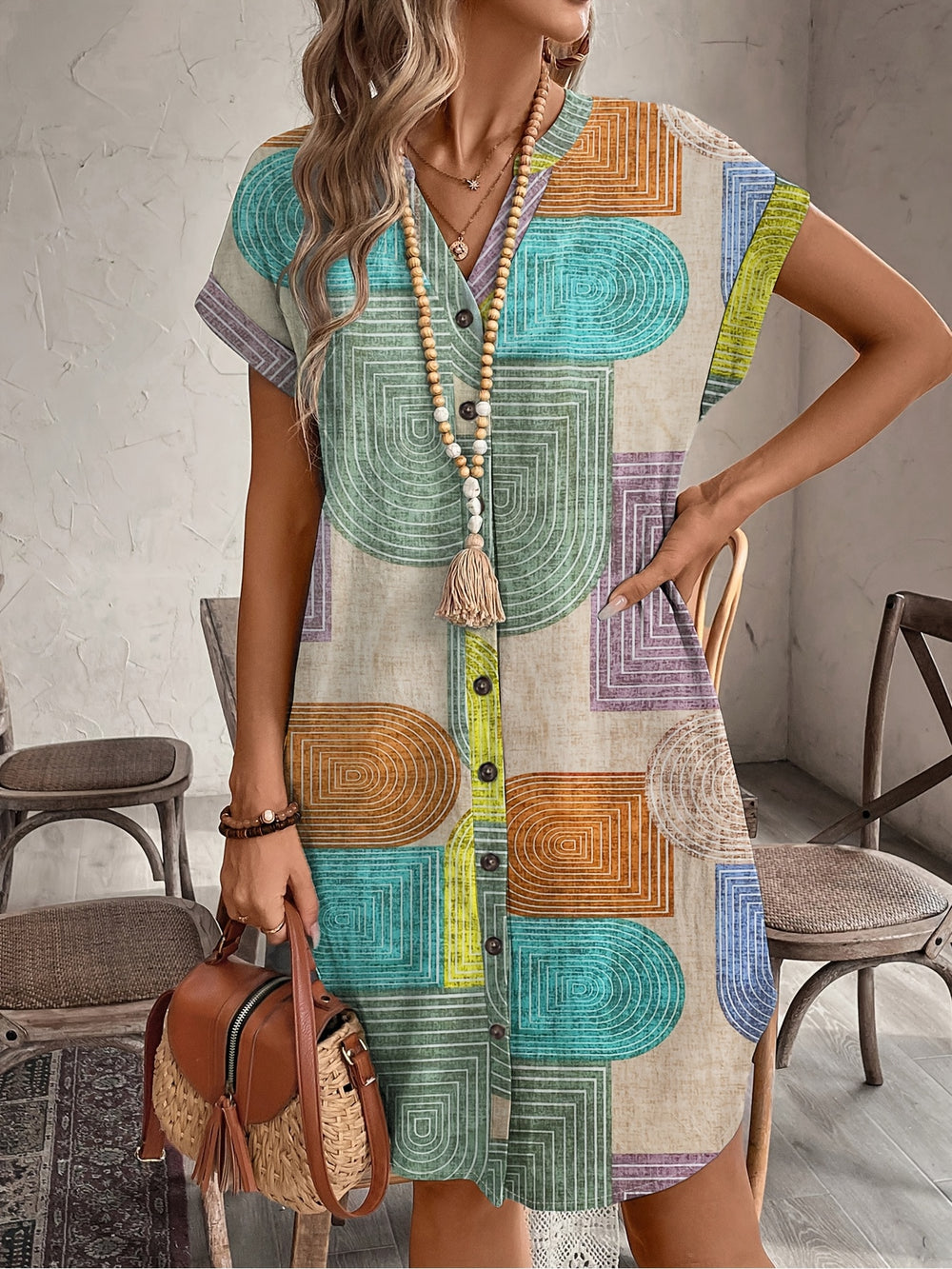Geometric Print V-Neck Button Down Dress