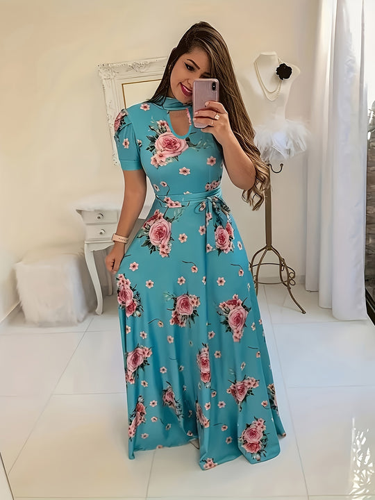 Elegant Rose Print Tie Waist Maxi