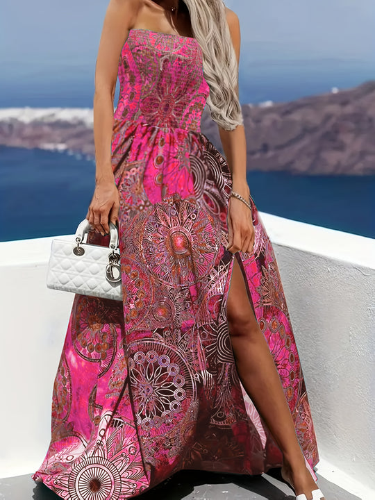 Summer Strapless High Slit Bohemian Dress