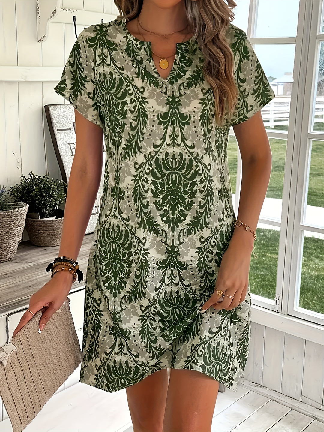 Bohemian V-Neck Damask Print Summer Dress