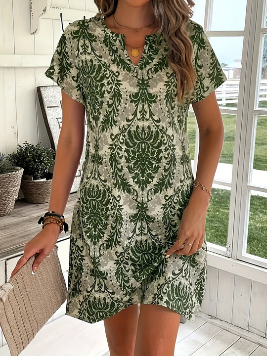 Bohemian V-Neck Damask Print Summer Dress