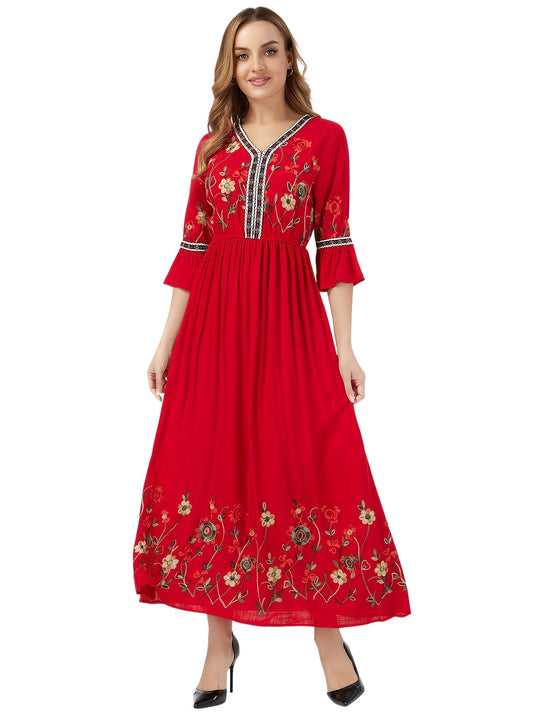 Embroidered Floral Hem Gathered Maxi Dress