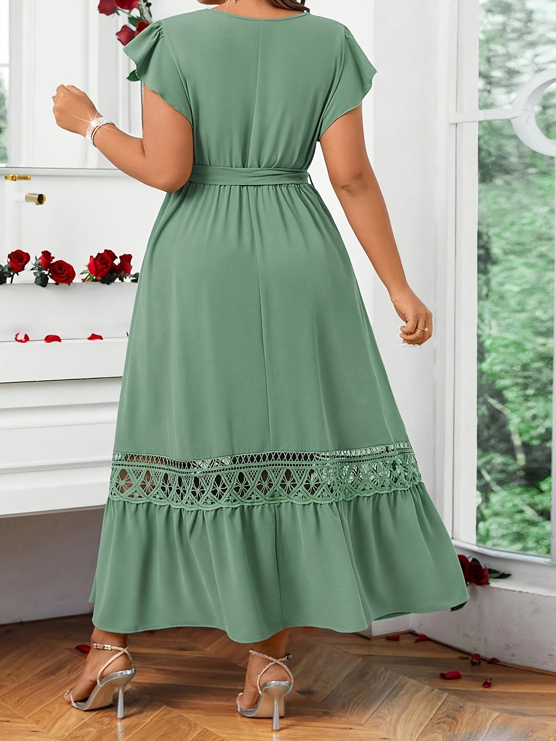 Bohemian V-Neck Lace Insert Maxi Dress