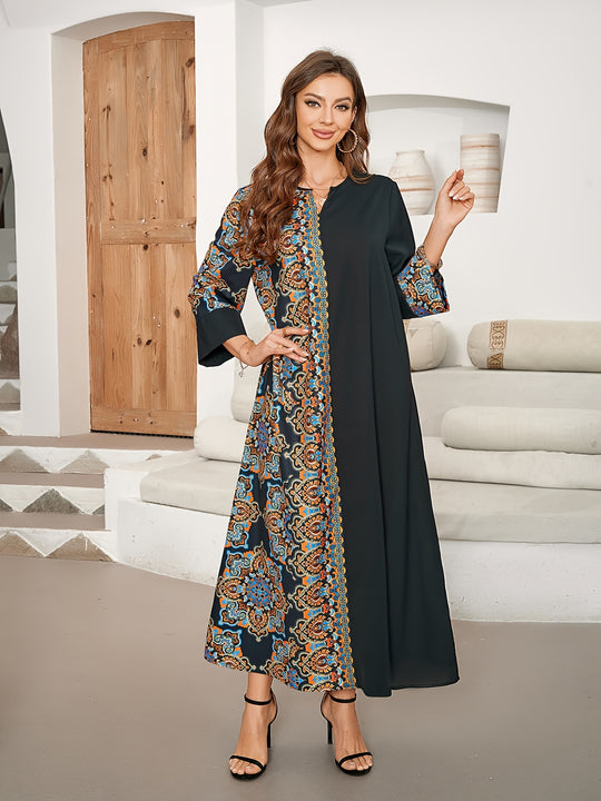 Bohemian Notch Neck Contrast Print Maxi Dress