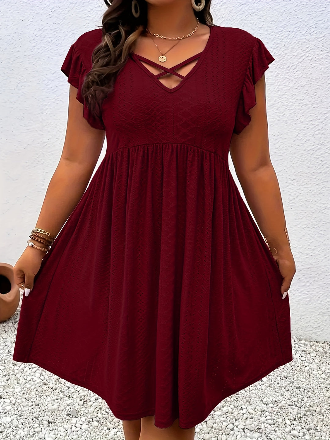 Boho Textured Flutter Sleeve Dress - Plus Size