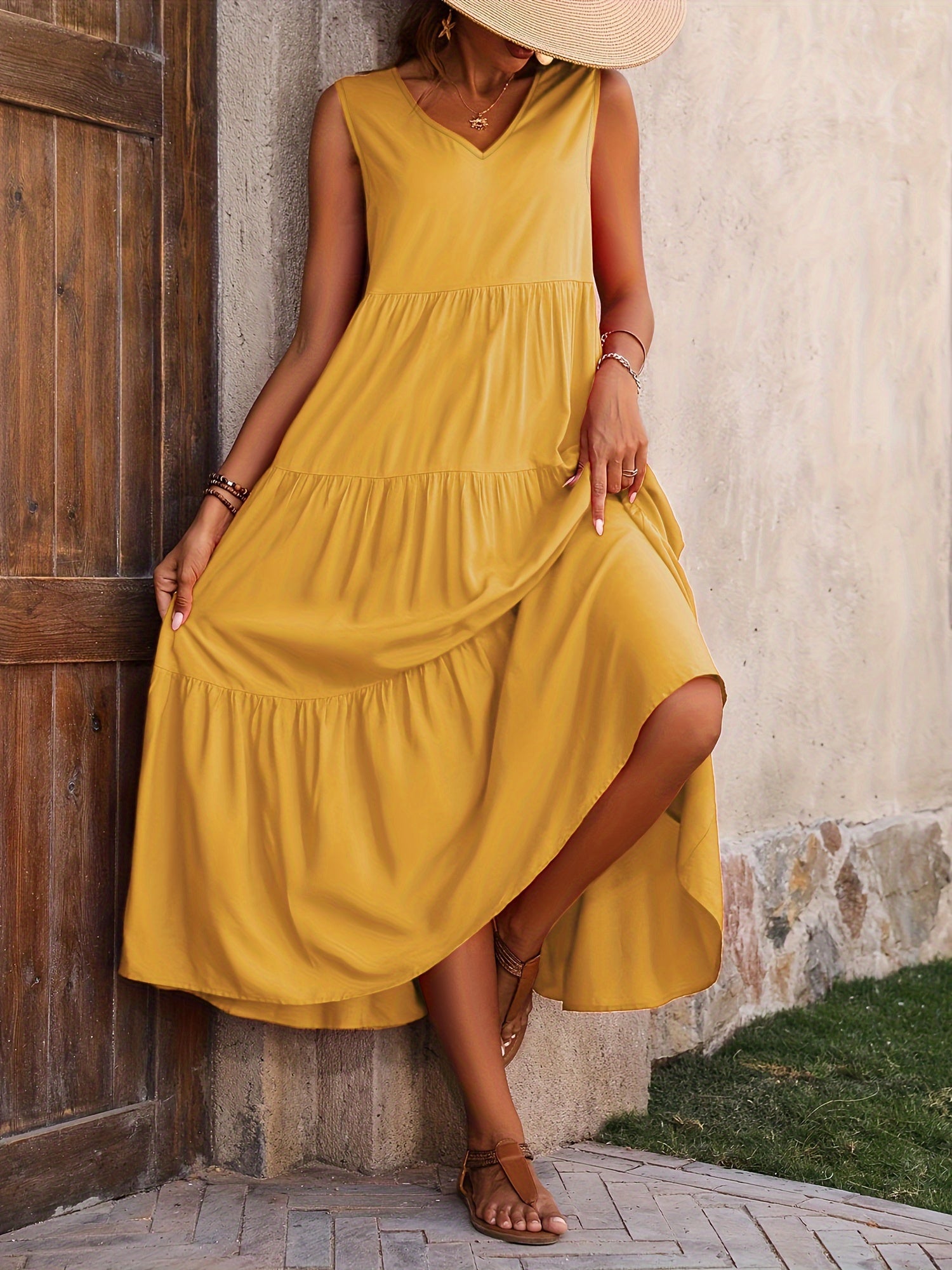 Flowy Tiered V-Neck Sleeveless Maxi Dress