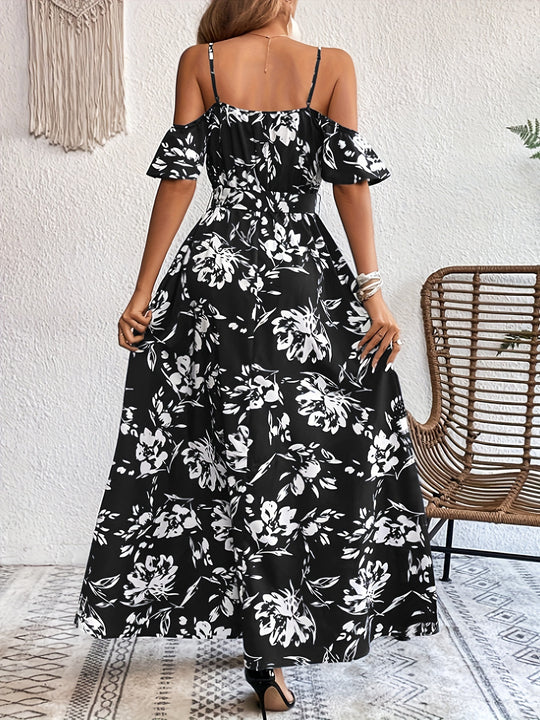 Floral Cold Shoulder Slit Maxi Dress