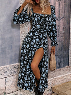 Ditsy Floral High Slit Long Sleeve Maxi Dress