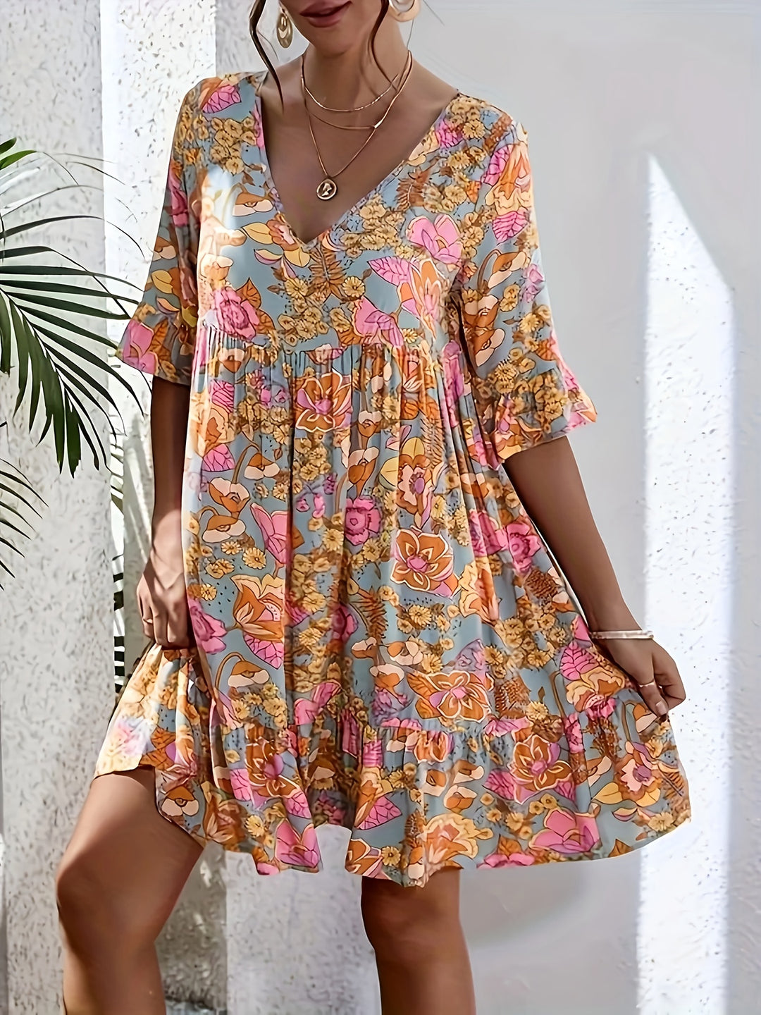 Casual Flutter Sleeve Floral Swing Dress