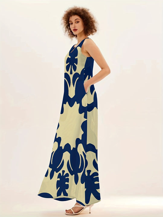 Sleeveless Abstract Print Flowy Boho Maxi Dress