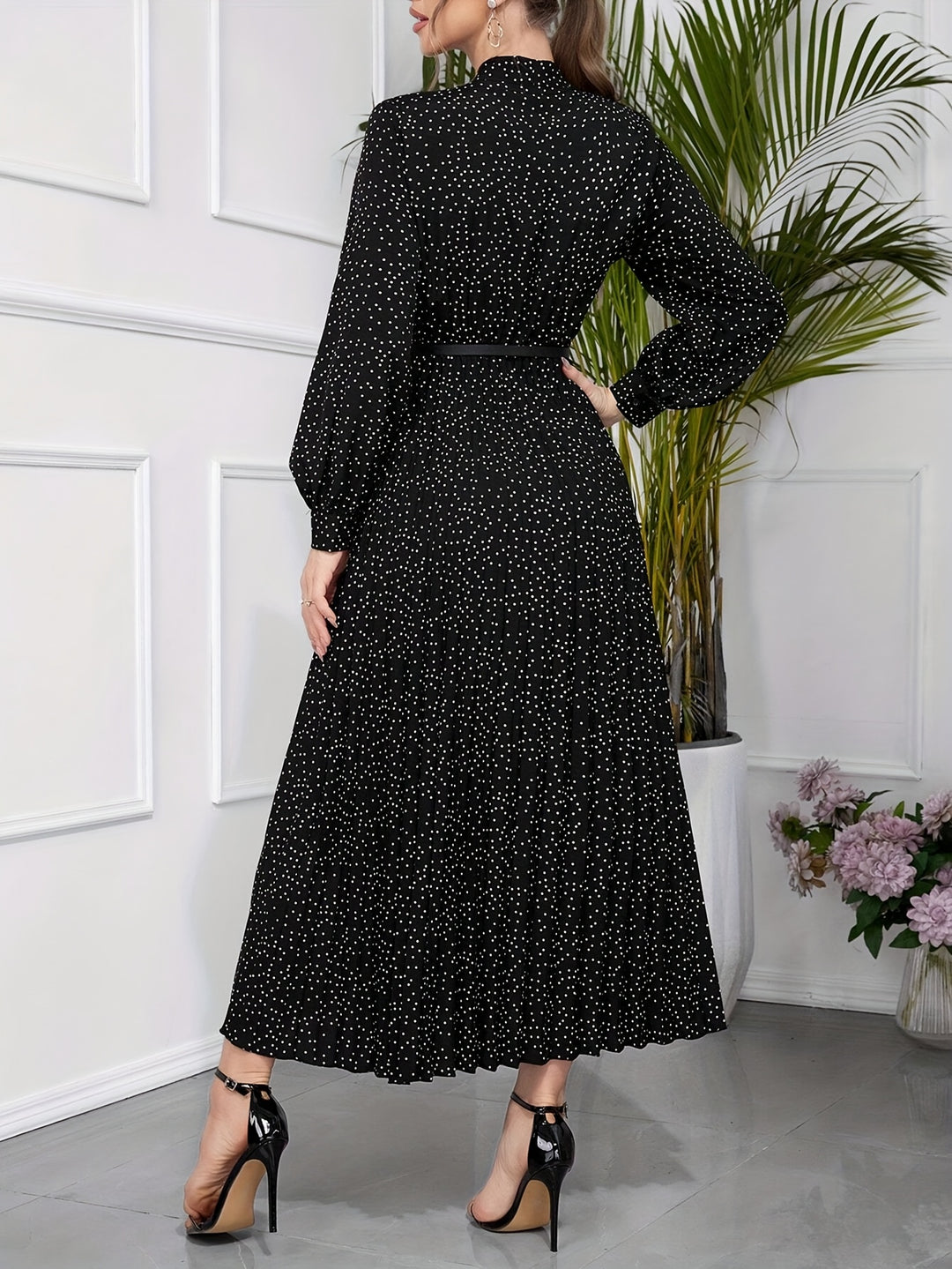 Elegant Tie Neck Pleated Maxi Dress