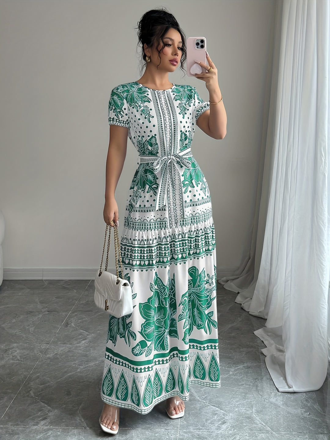 Short Sleeve Floral Pattern Belted Maxi Dress