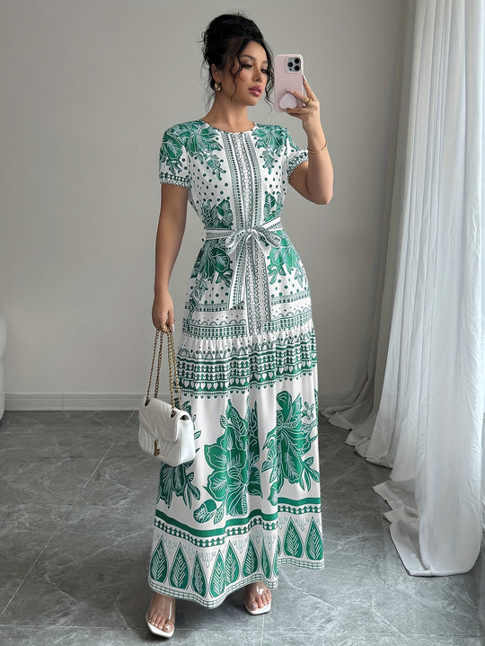 Short Sleeve Floral Pattern Belted Maxi Dress
