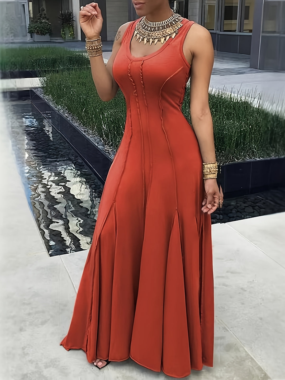 Structured Bodice Flared Sleeveless Boho Dress