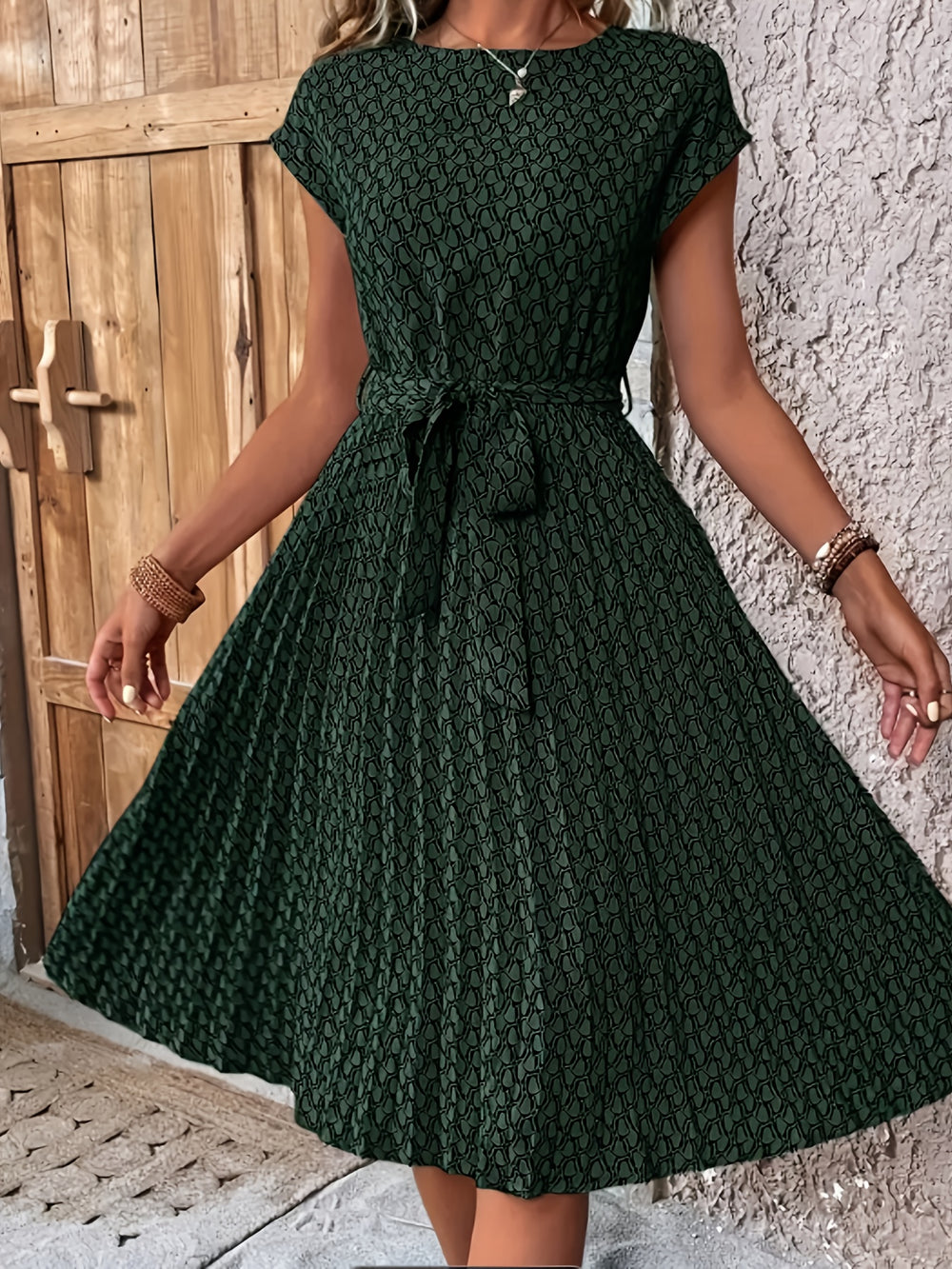 Cap Sleeve Accordion Pleat Bohemian Dress