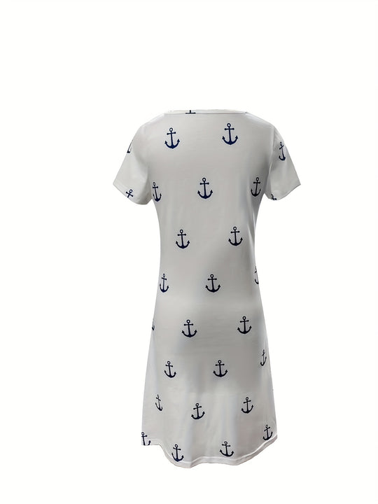 Coastal Anchor Print Scalloped Edge Flowy Summer Dress