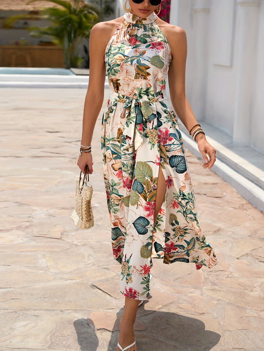 Sleeveless High Neck Floral Midi Bohemian Dress