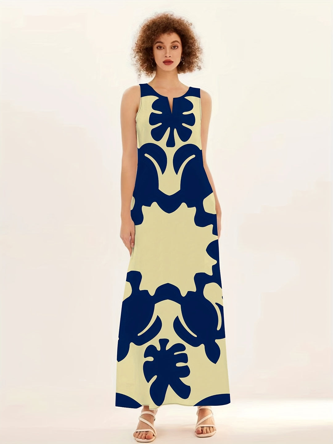 Sleeveless Abstract Print Flowy Boho Maxi Dress